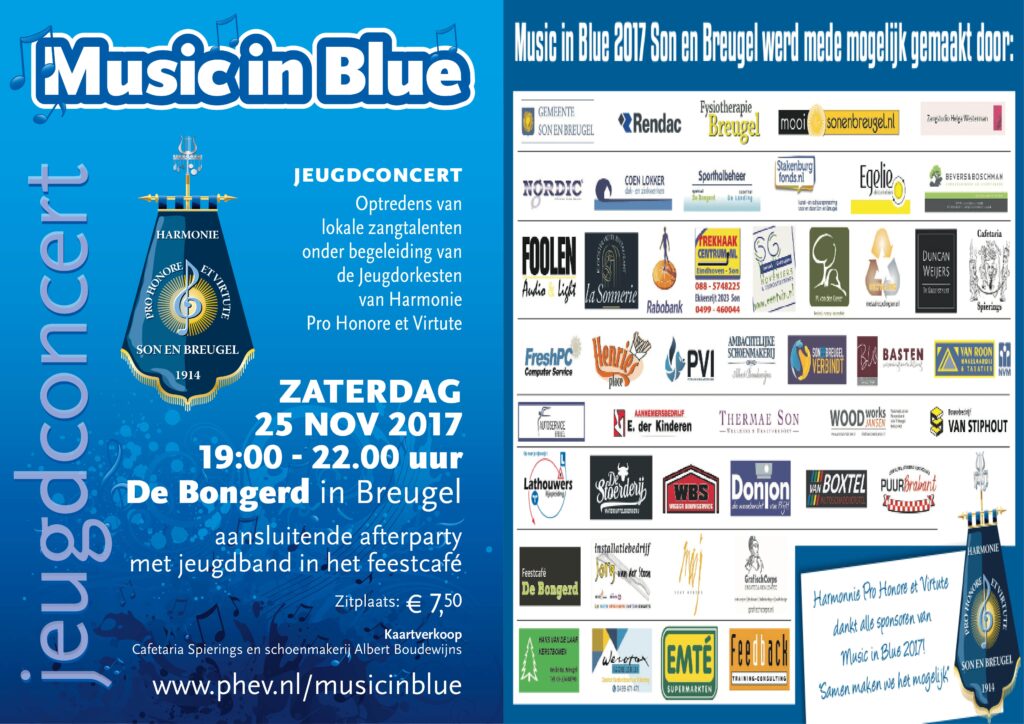 Flyer Music in Blue met de projectsponsoren